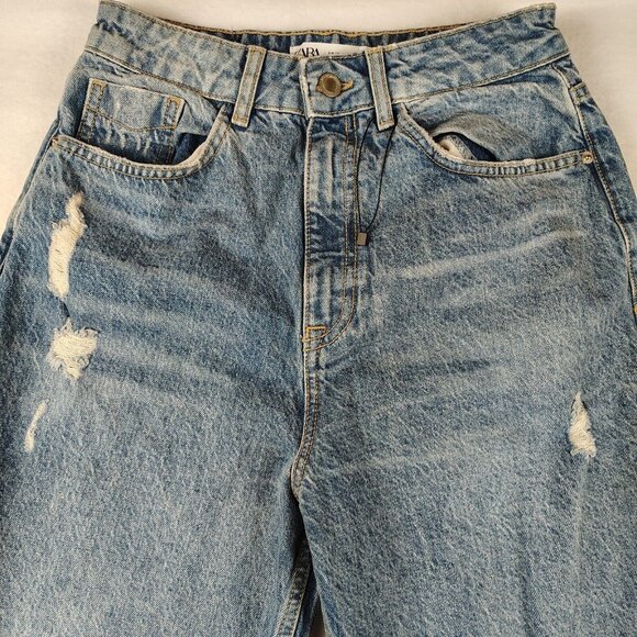 Zara Mom Jeans High-Rise Straight Distressed Ripped Sz 6 - Picture 4 of 12